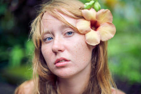 Woman in tropical jungles of Bali, Indonesiaの写真素材