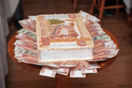 Cake in the form of Russian denominations of five thousand rubles, money concept
