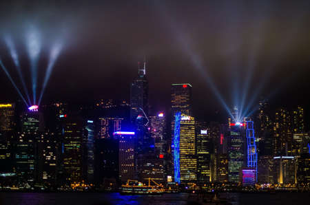Hong Kong cityscape at night., laser showの写真素材