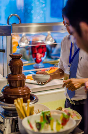 Catering service. Restaurant table with food. Huge amount of food on the table. Plates of food. Dinner time, lunch.の写真素材