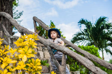 Toddler Boy tourist in Ventname. Po Nagar Cham Tovers. Asia Travel concept. Journey through Vietnam...