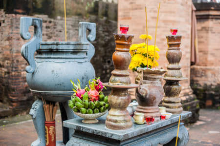 Altar for prayer at a Buddhist temple of Po Nagar Cham Towers. Asia Travel concept. Journey through Vietnam Concept.の写真素材