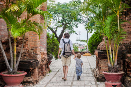 Father and Toddler Son tourists in Vietnam. Po Nagar Cham Tovers. Asia Travel concept. Journey through Vietnam Concept.の写真素材
