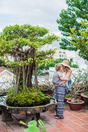 Mother and Toddler Son tourists in Vietnam. Po Nagar Cham Tovers. Asia Travel concept. Journey through Vietnam Concept.の写真素材