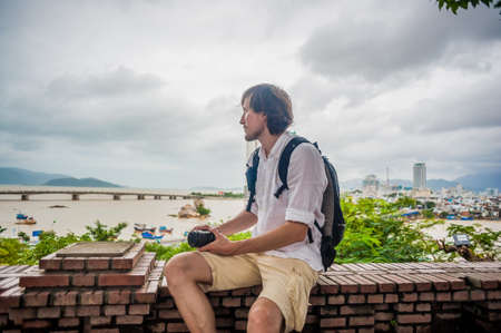 Man tourist in Vietnam. Po Nagar Cham Tovers. Asia Travel concept. Journey through Vietnam Concept.の写真素材