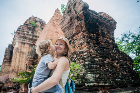 Mother and Toddler Son tourists in Vietnam. Po Nagar Cham Tovers. Asia Travel concept. Journey through Vietnam Concept.の写真素材