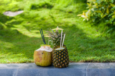 Fruit smoothies from pineapple and coconut on a background of green grass. Rest in tropics conceptの写真素材