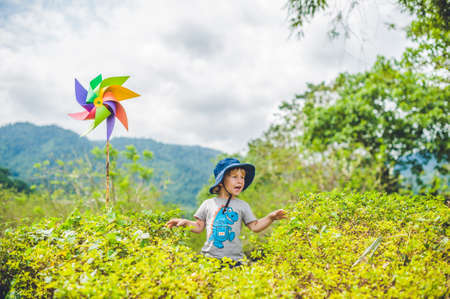 Cute little boy and a pinwheel windmill. the concept of childhoodの写真素材