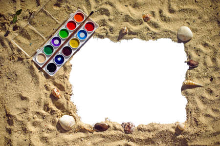 Background of sand and paint, text, place, top view, Creativity beach conceptの写真素材