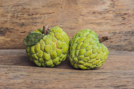 Cherimoya fruit on the table, ready to be eaten.の写真素材