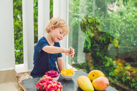 Little cute boy eating mango on the terrace.の写真素材