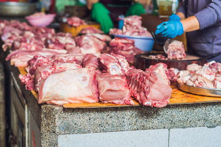 Raw meat on the Vietnamese market. Asian food conceptの写真素材