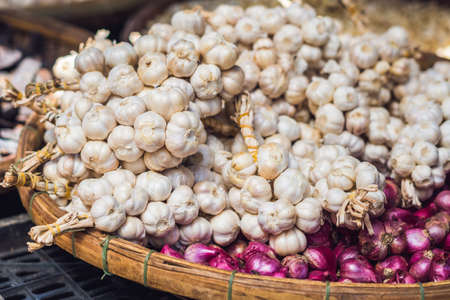 Garlic in the Vietnamese market. Asian food concept.の写真素材