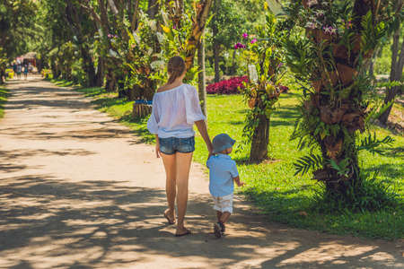 Mom and son are walking in the tropical park.の写真素材