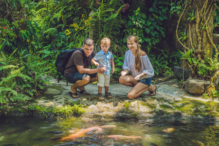 happy family feeding colorful Catfish in tropical pond.の写真素材