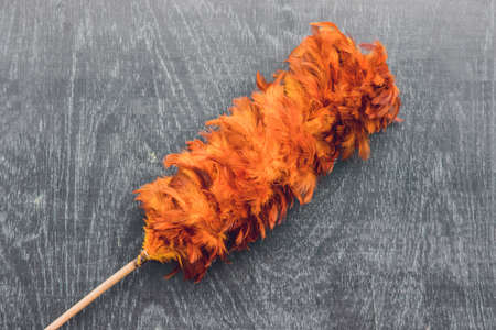 feather duster on an old wooden background.の写真素材