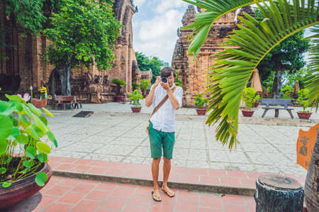 Man tourist in Vietnam. Po Nagar Cham Tovers. Asia Travel concept. Journey through Vietnam Concept.の写真素材