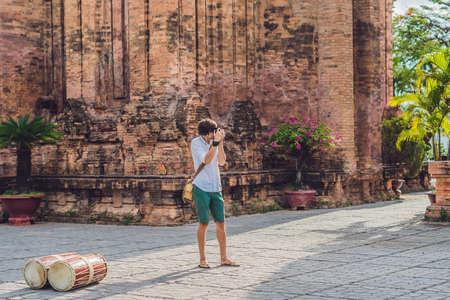 Man tourist in Vietnam. Po Nagar Cham Tovers. Asia Travel concept. Journey through Vietnam Concept.の写真素材