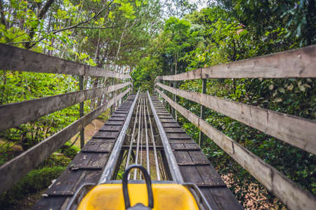Feet of a young woman on Alpine Coaster.の写真素材