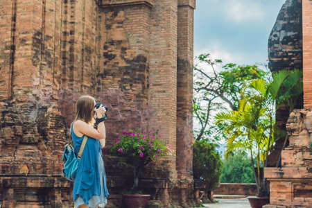 Woman tourist in Vietnam. Po Nagar Cham Tovers. Asia Travel concept.