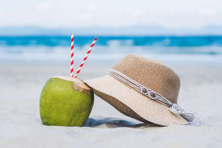 Coconut with straw in the sand on the beach.の写真素材