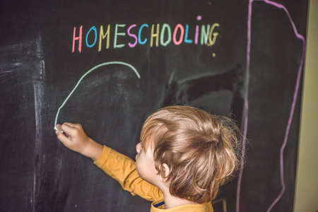 Homeschooling. Child pointing under word Homeschooling on a blackboard.の写真素材