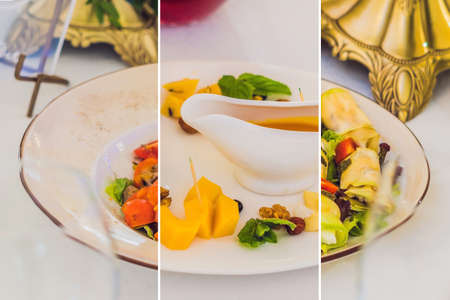 Collage of three kinds of dishes Catering service. Restaurant table with food. Huge amount of food on the table. Plates of food. Dinner time, lunch.の写真素材