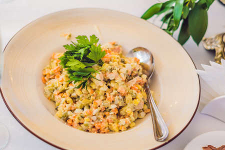 Catering service. Restaurant table with food. Huge amount of food on the table. Plates of food. Dinner time, lunch.の写真素材