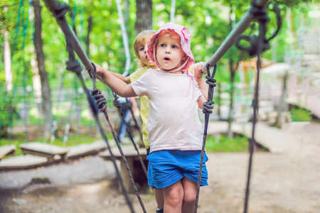 Portrait of cute little boy and girl walk on a rope bridge in an adventure rope park.の写真素材