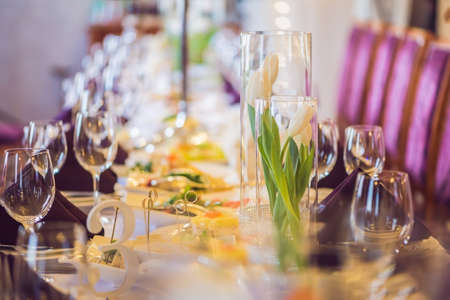 Empty glasses set in restaurant. Catering service concept.の写真素材