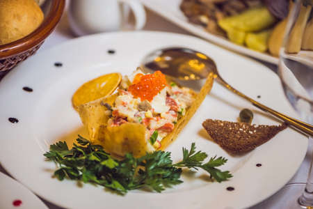 Salad in a plate. Catering service concept.の写真素材