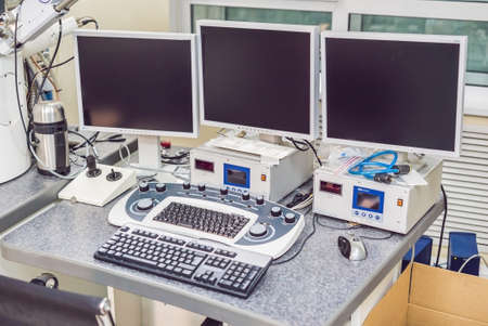 control panel of a Scanning electron microscope microscope in a physical laboratory