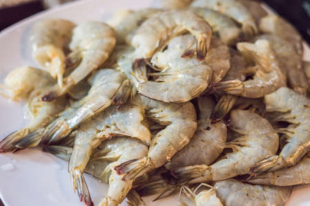 Close up fresh shrimp on a white plate against a green background.の写真素材