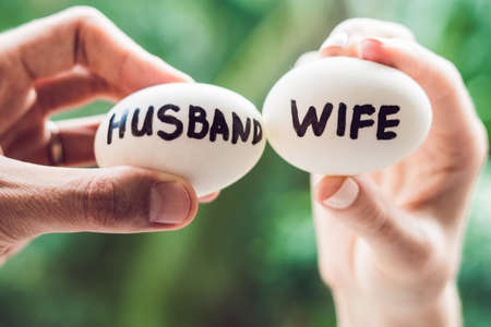 Eggs with inscriptions wife and husband. The conflict between husband and wife.
