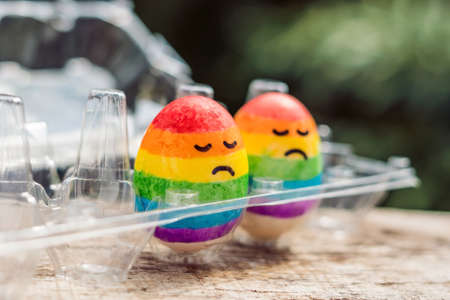 Two eggs are colored in the colors of the rainbow as a flag of gays and lesbians as well as Easter eggs. Homosexual concept.の写真素材