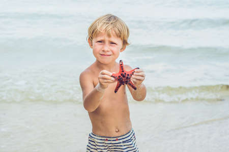 A boy and a red starfish against the backdrop of the sea.