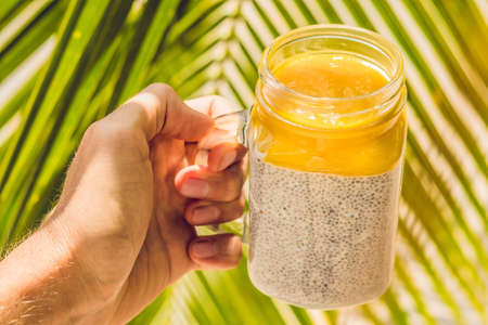 Chia seed pudding with almond milk and fresh mango topping in hand.の写真素材