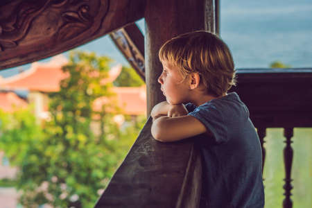 Boy tourist in Pagoda. Travel to Asia concept. Traveling with a baby concept.の写真素材