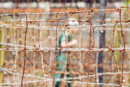 Barbed wire, a fence in prison and the silhouette of a prison guard on the background.の写真素材