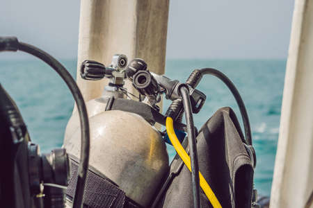 scuba compressed air tank on boat. Ready for diving.の写真素材