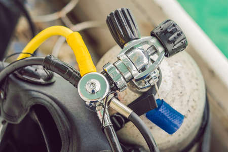 scuba compressed air tank on boat. Ready for diving.の写真素材