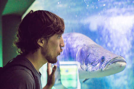 Man looks at the fish in the aquarium.