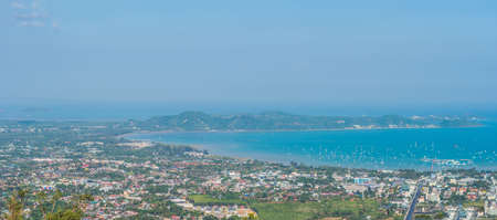 BIG panorama High angle view beautiful landscape of Ao Chalong bay and city sea side in Phuket Province, Thailand.の写真素材