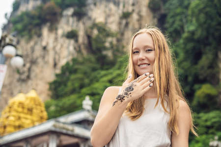 Woman with mahendi. Hand decorated with henna Tattoo. mehendi hand.の写真素材