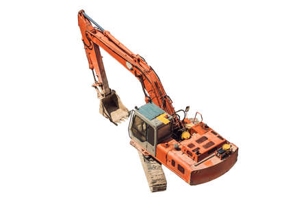 Yellow Excavator on Tracks Isolated on White. Side View of Front Hoe Loader. Industrial Vehicle. Construction Heavy Equipment Machine. Pneumatic Truck.の写真素材