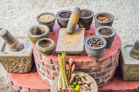 Set of Asian spices: ginger, cinnamon, lime clove pepper nutmegの写真素材