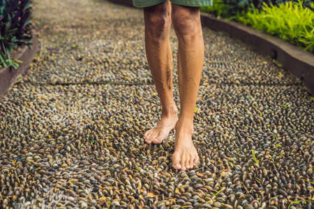 Man Walking On A Textured Cobble Pavement, Reflexology. Pebble stones on the pavement for foot reflexology.の写真素材