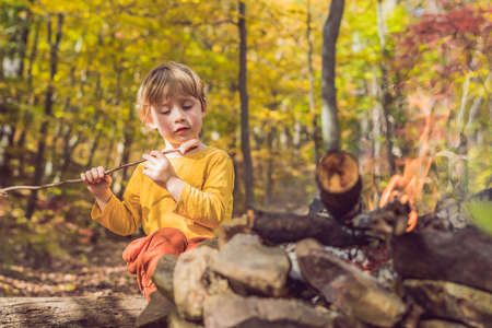 The boy is sitting at the camp fire and eating a fried sausage.
