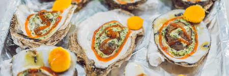 Fresh tasty seafood served on crushed ice, close-up. BANNER, long formatの写真素材