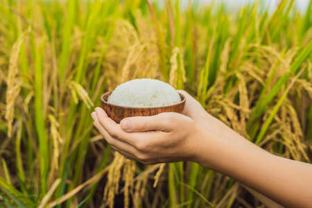 The hand holds a cup of boiled rice in a wooden cupの写真素材